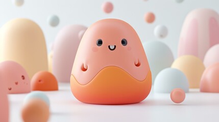 A small toy egg with a bunch of other toys around it. AI.