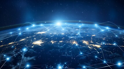 Global Network Connection with Vibrant Illuminated Earth Landscape in the Night Sky