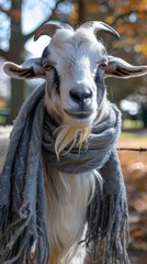 A goat wearing a scarf and standing in the woods. AI.