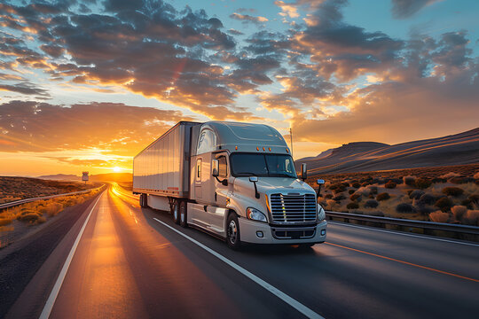 Modern Semi-Truck on Highway at Sunset with Dramatic Sky and Scenic Landscape