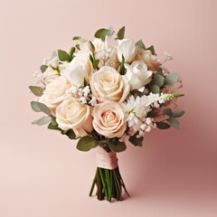 Obraz premium Beautiful bouquet of roses, in white and pink colors, with baby's breath and eucalyptus leaves
