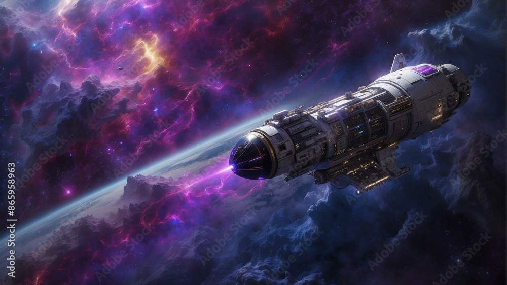 Canvas Prints a spaceship is flying through space in front of a purple and blue nebula. ai.