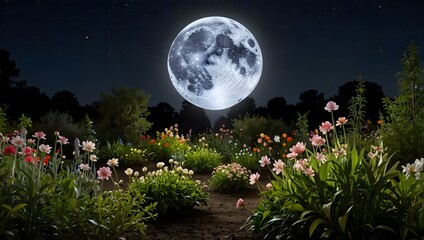 A garden where mystical blooms only open under the light of a full moon ai_generated