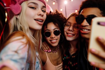 Young people taking selfies at the party, Capturing Fun: Young People Taking Selfies at a Party, Youthful Moments: Party Selfies with Friends