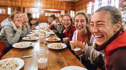 A group of a bunch of girls sitting at a table eating. AI.