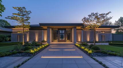 A very nice looking house with a walkway leading to the front door. AI.