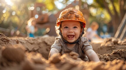 A baby in a hard hat playing with dirt. AI.