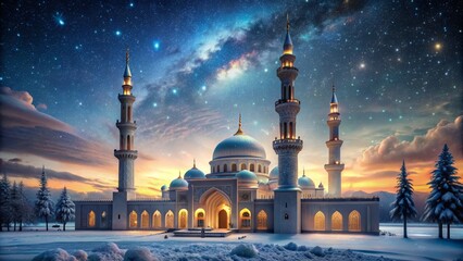 Magnificent mosque stands serene amidst serene snowy Ramadan night with beautifully animated subtle light rays and starry night sky background.