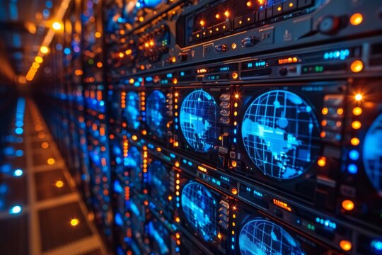 section of the globe on which europe is recognizable. laid over this is a network of servers, AI Generative