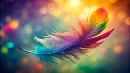 Obraz premium Vibrant multicolored gradient single feather suspended in mid-air against a soft, blurred background, exuding ethereal elegance and weightlessness.