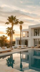 A modern villa with a pool and palm trees. Generative AI.