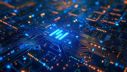 Obraz premium A circuit board with a blue light on it. AI.
