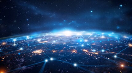 Obraz premium Global Interconnected Network with Futuristic Satellite Imagery and Starry Night Sky
