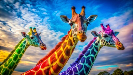 Obraz premium Vibrant colors depict two giraffes in the foreground, with a third giraffe blurred in the background, set against a bright blue sky.