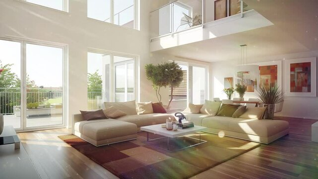 modern living room design with white wall and large window seamless looping overlay 4k virtual video animation background