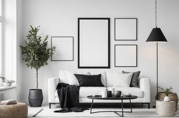 Minimalist living room with white sofa and black frames and floor lamp decorated modern aesthetic
