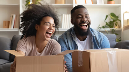 Joyful couple unpacking cardboard boxes in their new home, smiling and laughing together in bright living room