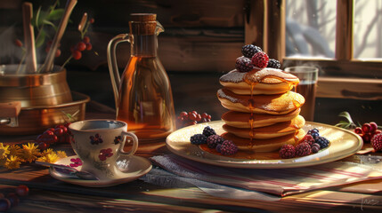 Stack of pancakes with maple syrup and berries, wooden table setting, floral cup, cozy cabin breakfast scene