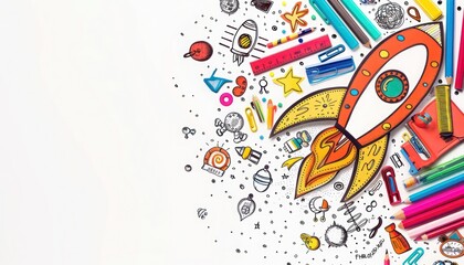 Creative school supplies arranged as a rocket, hand-drawn style, back to school theme, white background, copy space on the right.