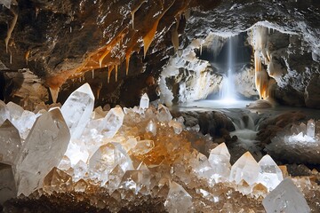 A mystical cave with crystals and a hidden waterfall