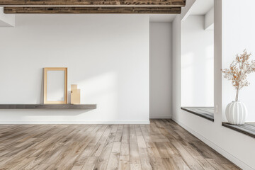 Minimalist living room interiors with elegant furniture, window lighting and copy space. Real Estate interiors design in neutral colors for advertising online.