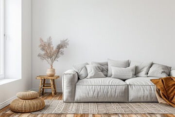 Minimalist living room interiors with elegant furniture, window lighting and copy space. Real Estate interiors design in neutral colors for advertising online.