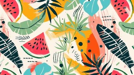 A hand-drawn seamless pattern with watermelon, Aztec designs, and tropical palm leaves motifs. Ideal for weddings, birthdays, fashion fabric, and save-the-date decorations.