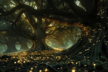 A mystical grove with ancient trees and a carpet of luminescent fungi