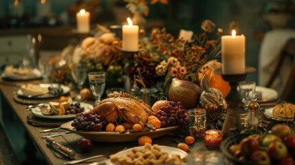 Elegant Thanksgiving dinner table with roasted turkey, fresh fruits, candles, and autumn decorations