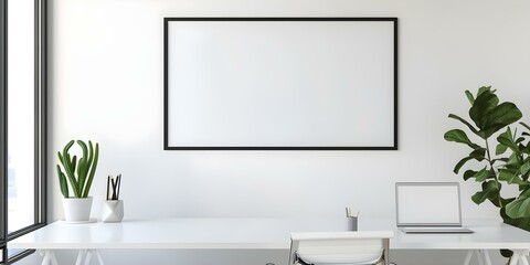 Mockup of a black frame in a contemporary office environment. Concept Office Environment, Black Frame, Contemporary Design, Mockup, Interior Decor