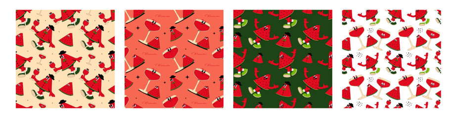 Retro seamless pattern set with character watermelon. Comic mascot of watermelon with happy smile face. Vector illustration
