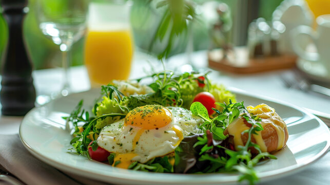 Fresh salad with sunny-side-up egg, cherry tomatoes, croissant, and orange juice on a white plate, breakfast setting - Powered by Adobe