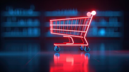 Neon shopping cart in a supermarket aisle representing modern retail and digital shopping, glowing bright in contrast to the dark background.