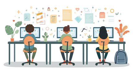 Three diverse people using laptops with headphones.