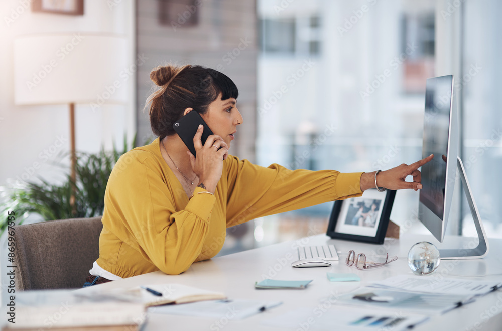 Aufkleber woman, phone call and computer with pointing in office with discussion, reading and contact for deal