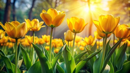 Obraz premium Vibrant yellow tulips sway gently amidst lush green foliage, illuminated by warm sunlight filtering through delicate petals and leaves.