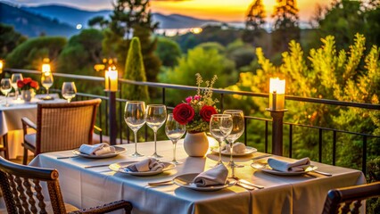 Fototapeta premium Elegant ambiance of empty romantic dinner setting on a serene restaurant terrace with wine glasses and gourmet table decor.