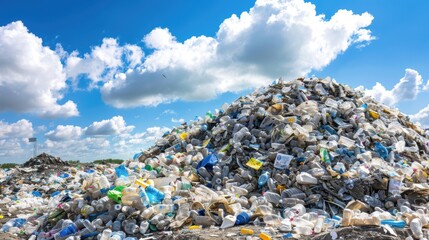 Pile of plastic waste in a landfill, waste management issue, environmental challenge