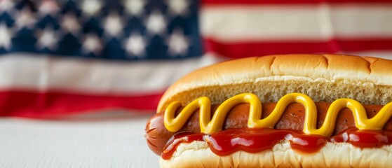 Classic American hotdog with mustard and relish, stars and stripes flag waving in the background, celebrating National Hot Dog Day, vintage style, retro poster