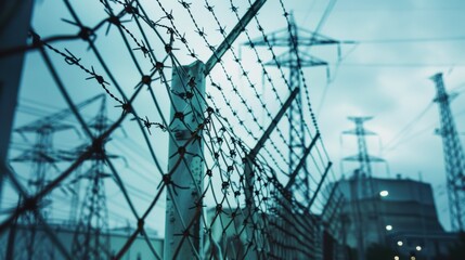 High-voltage power station with barbed wire fence, electrical danger, security measure