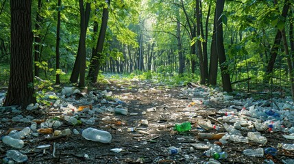 Forest with plastic waste scattered among the trees, land pollution, nature impact