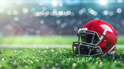 Football helmet and ball on a field, sports event background, blank text spot