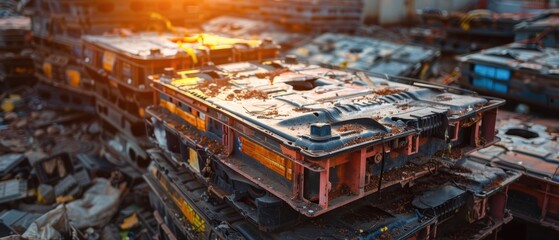 Electric car battery packs in a junkyard, automotive waste, environmental problem