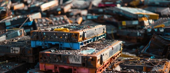 Obraz premium Electric car battery packs in a junkyard, automotive waste, environmental problem