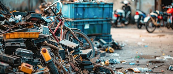 Fototapeta premium Electric bike battery waste piled up, transport waste, ecological impact