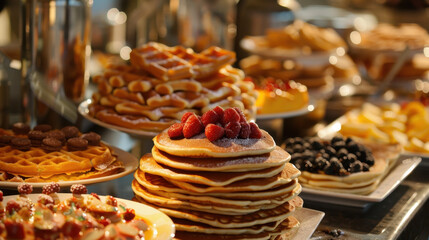 Pancake and waffle breakfast buffet with strawberries, blackberries, and assorted toppings