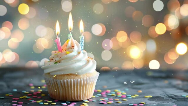 cupcake with vanilla cream and three candles with blurred background seamless looping overlay 4k virtual video animation background