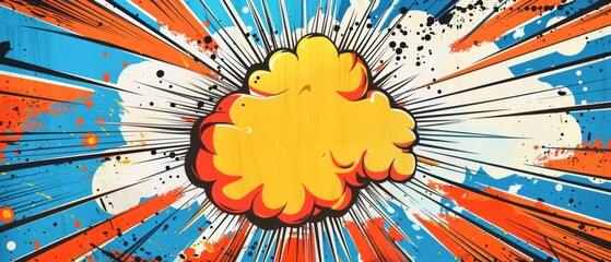 Comic strip panel with central explosion, action-packed, energetic design