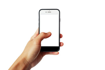 Man's hand holding a smartphone shown on a white background.