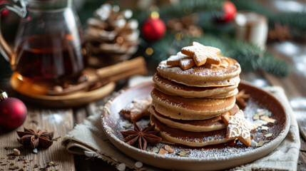 Fototapeta premium Christmas pancakes stack with star-shaped cookies, powdered sugar, and spices, festive holiday breakfast setting